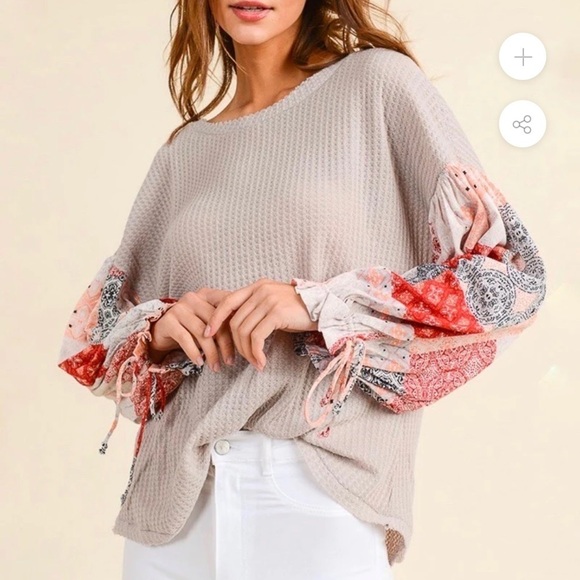 In Loom The Way You Move Mixed Media Boho Bandana Waffle Knit Loose Fit Top - Picture 1 of 16